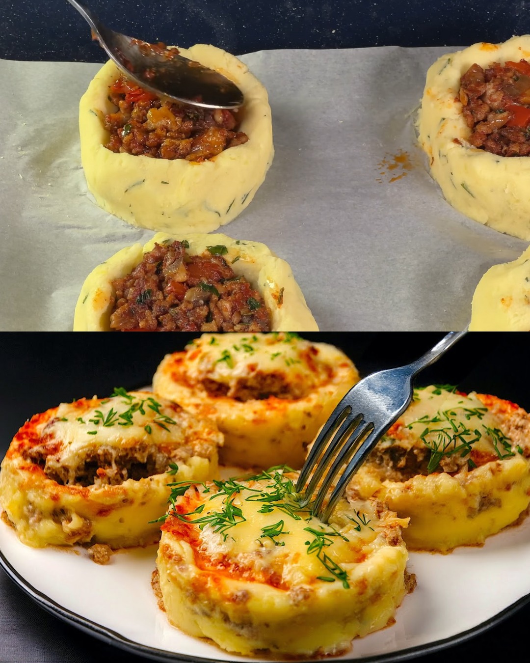 Baked Minced Meat and Potato Dumplings with Cucumber Salad