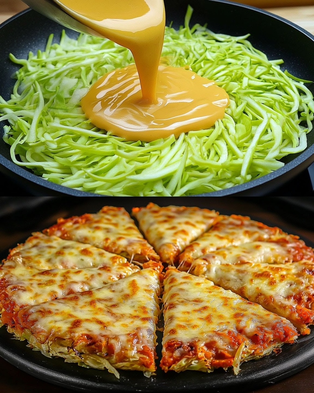 Savory Cabbage & Egg Pancakes with Cheesy Tomato Sauce