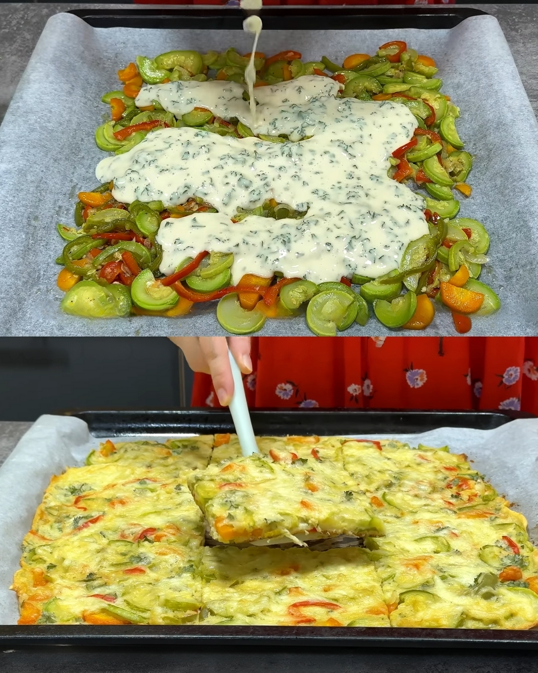 Zucchini, Pepper & Mozzarella Bake with Creamy Lemon–Garlic Yogurt Sauce