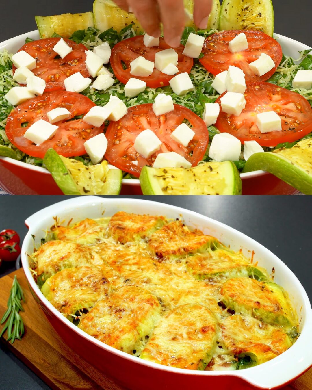 Layered Zucchini, Tomato & Spinach Gratin with Mozzarella & Herbed Yogurt Dip