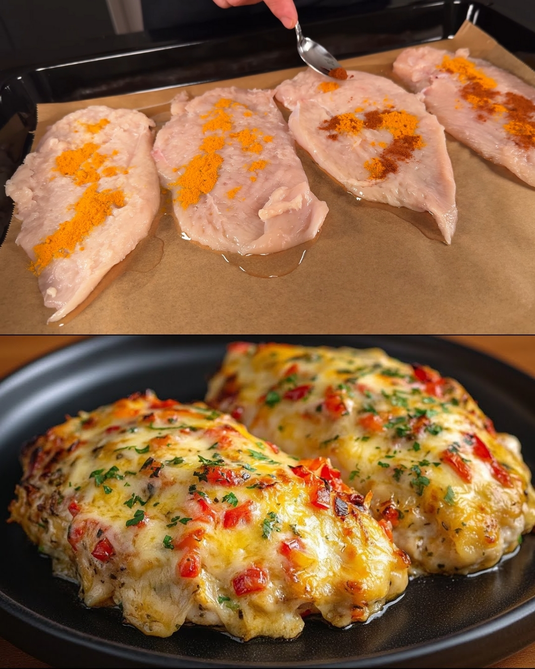 Stuffed Chicken Fillet Bake with Garlic-Dill Potatoes and Tomato–Cheese Salad