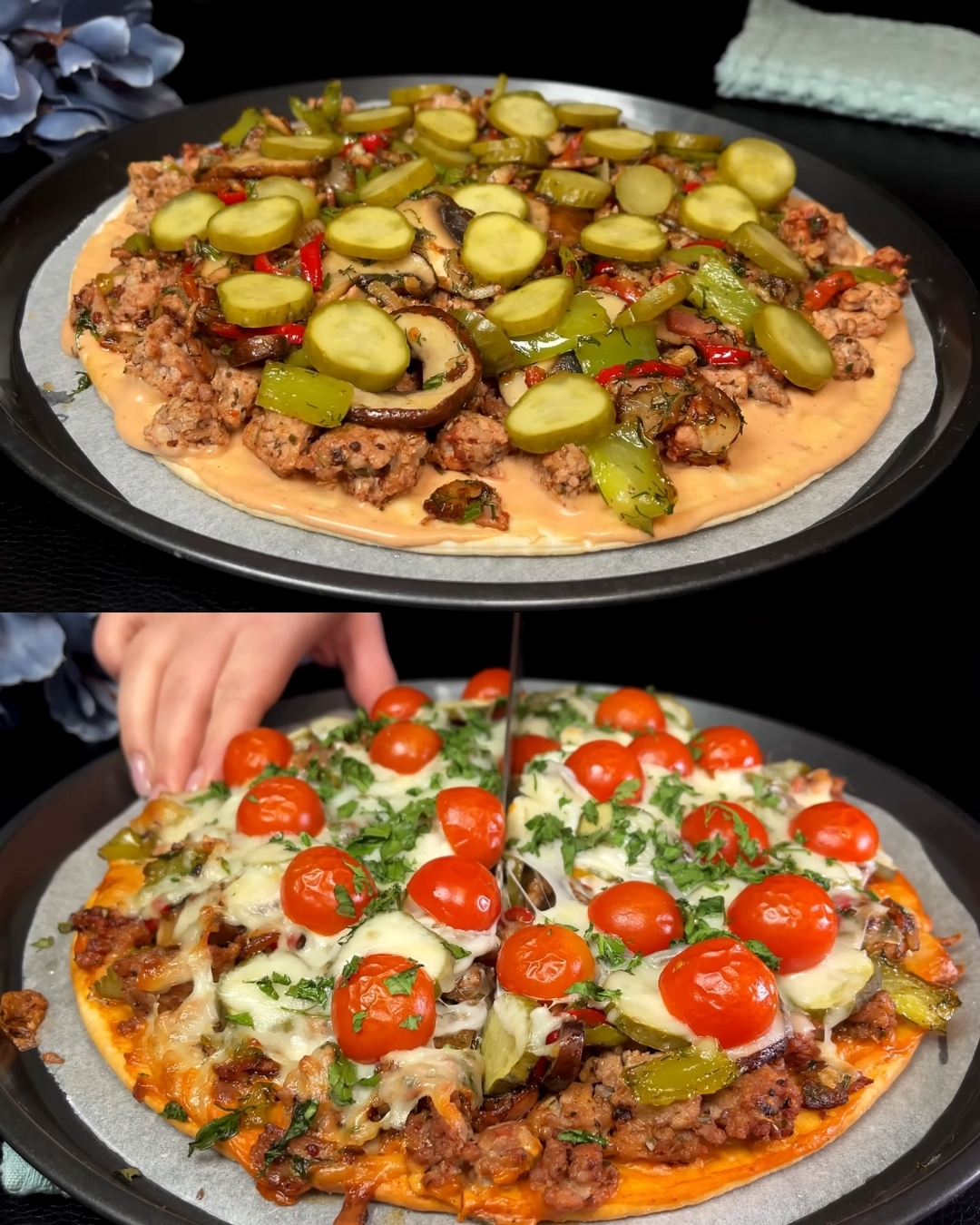 Loaded Beef & Bacon Pizza with Bell Peppers and Mushrooms