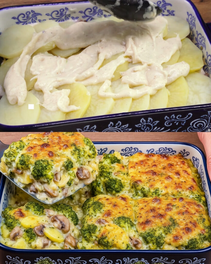 Broccoli-Potato Mushroom Au Gratin with Silky Nutmeg Cheese Sauce
