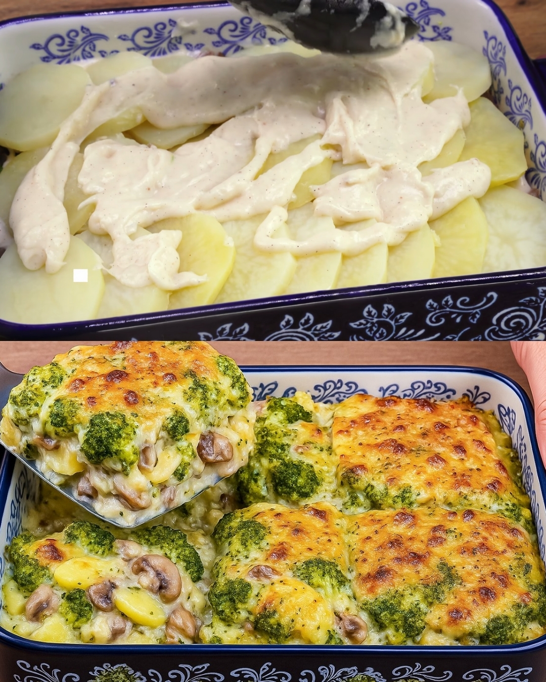 Broccoli-Potato Mushroom Au Gratin with Silky Nutmeg Cheese Sauce