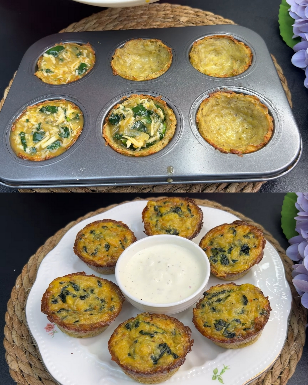 Potato & Spinach Savory Muffins with Creamy Garlic Sauce