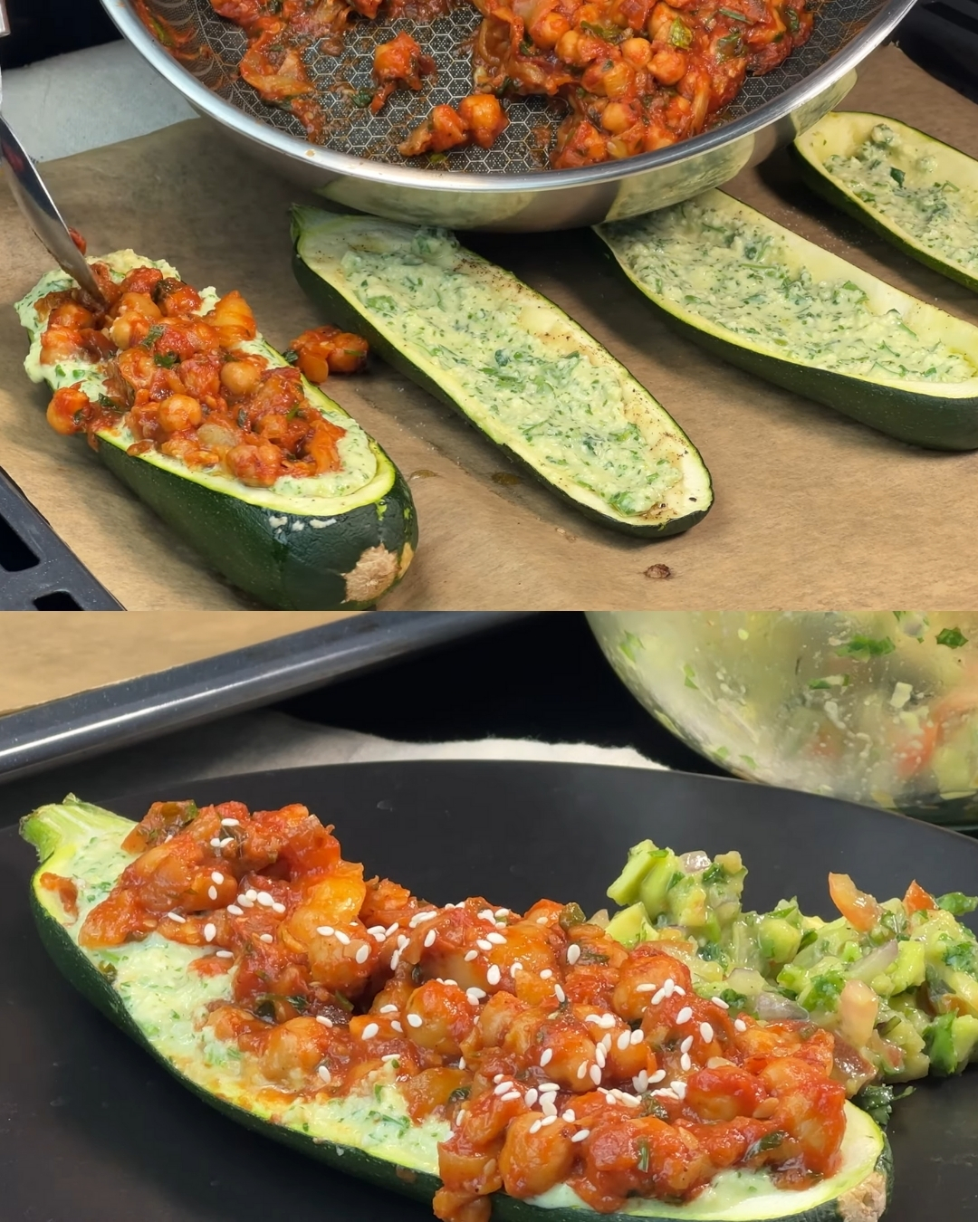 Vegan Stuffed Zucchini Boats with Spiced Chickpeas and Cashew Sauce