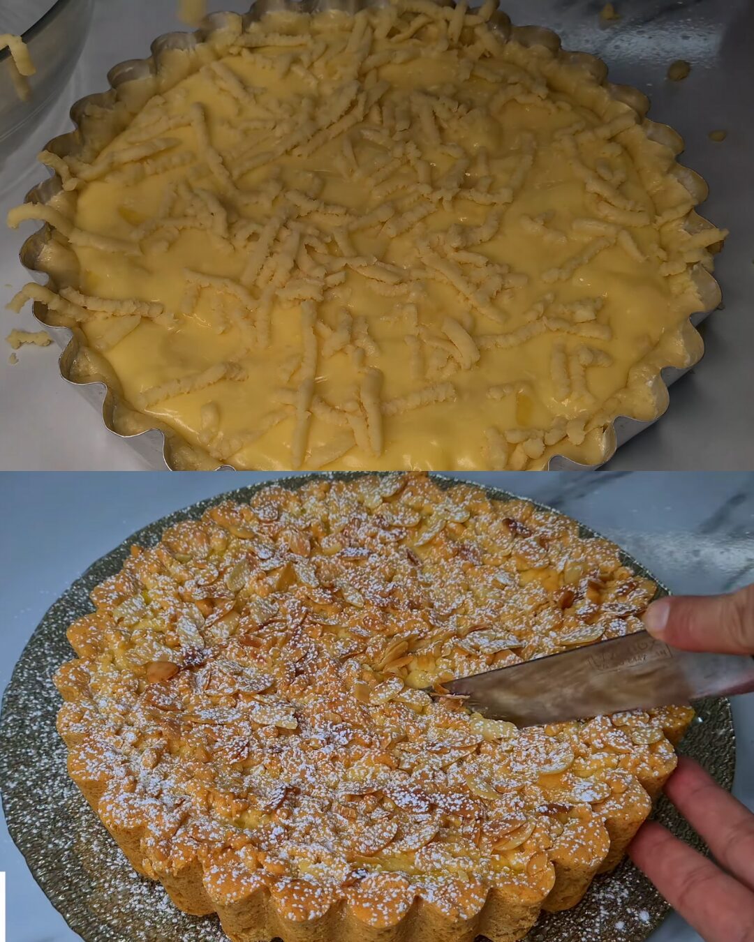 Peach Cake with Pastry Cream and Almond Flakes