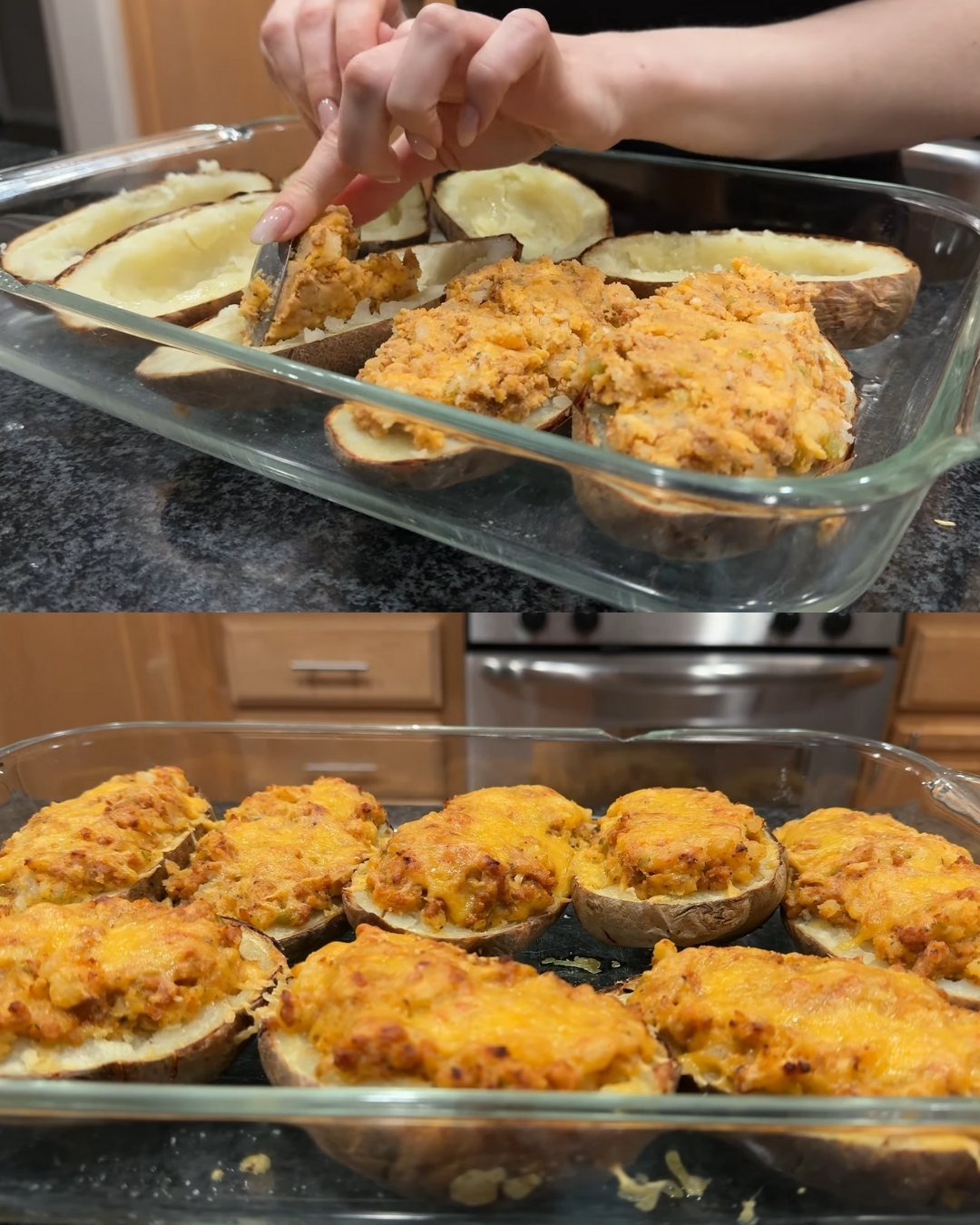 Hearty Stuffed Baked Potatoes with Savory Chicken Filling & Tangy Special Sauce