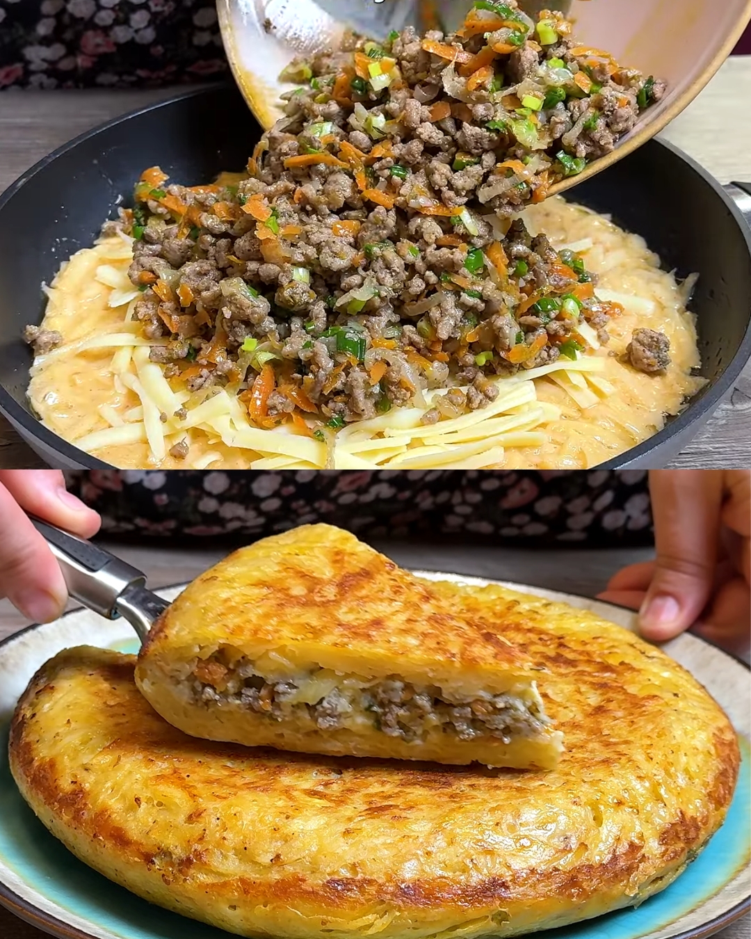 Crispy Skillet Potato and Ground Beef Pie with Cheese and Vegetables