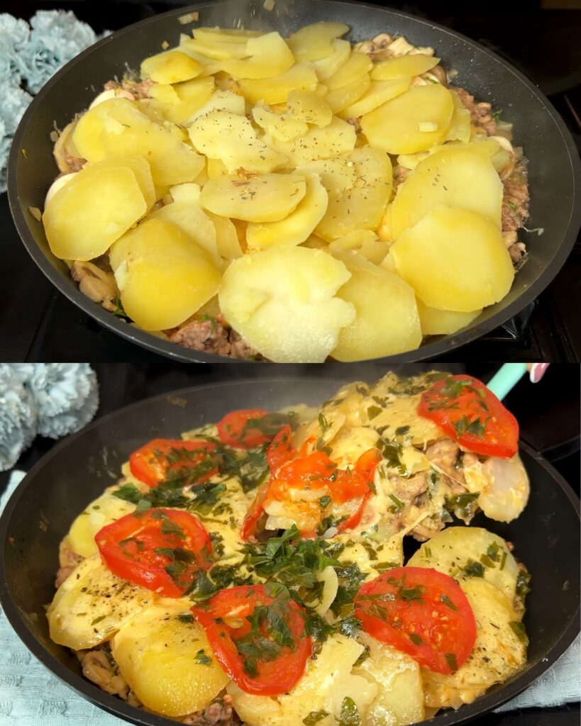 Hearty Pork, Potato & Mushroom Bake with Cheesy Herb-Tomato Topping finished dish