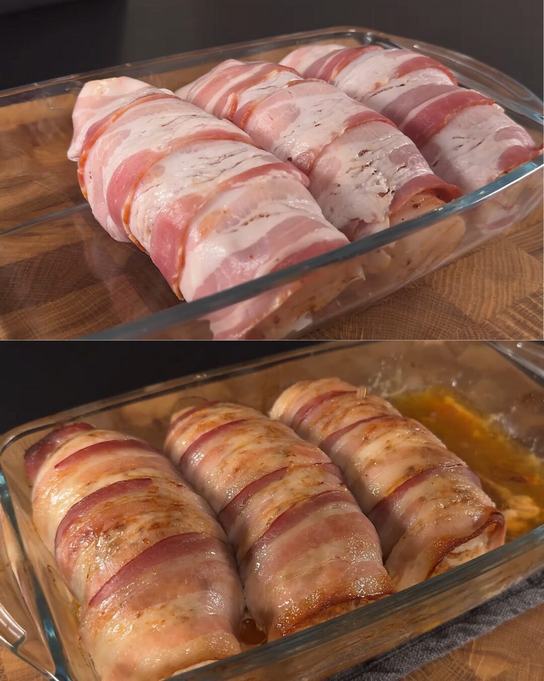 Baked Chicken with Creamy Mushroom Filling, Bacon Wrap, and Herbed Rice Salad