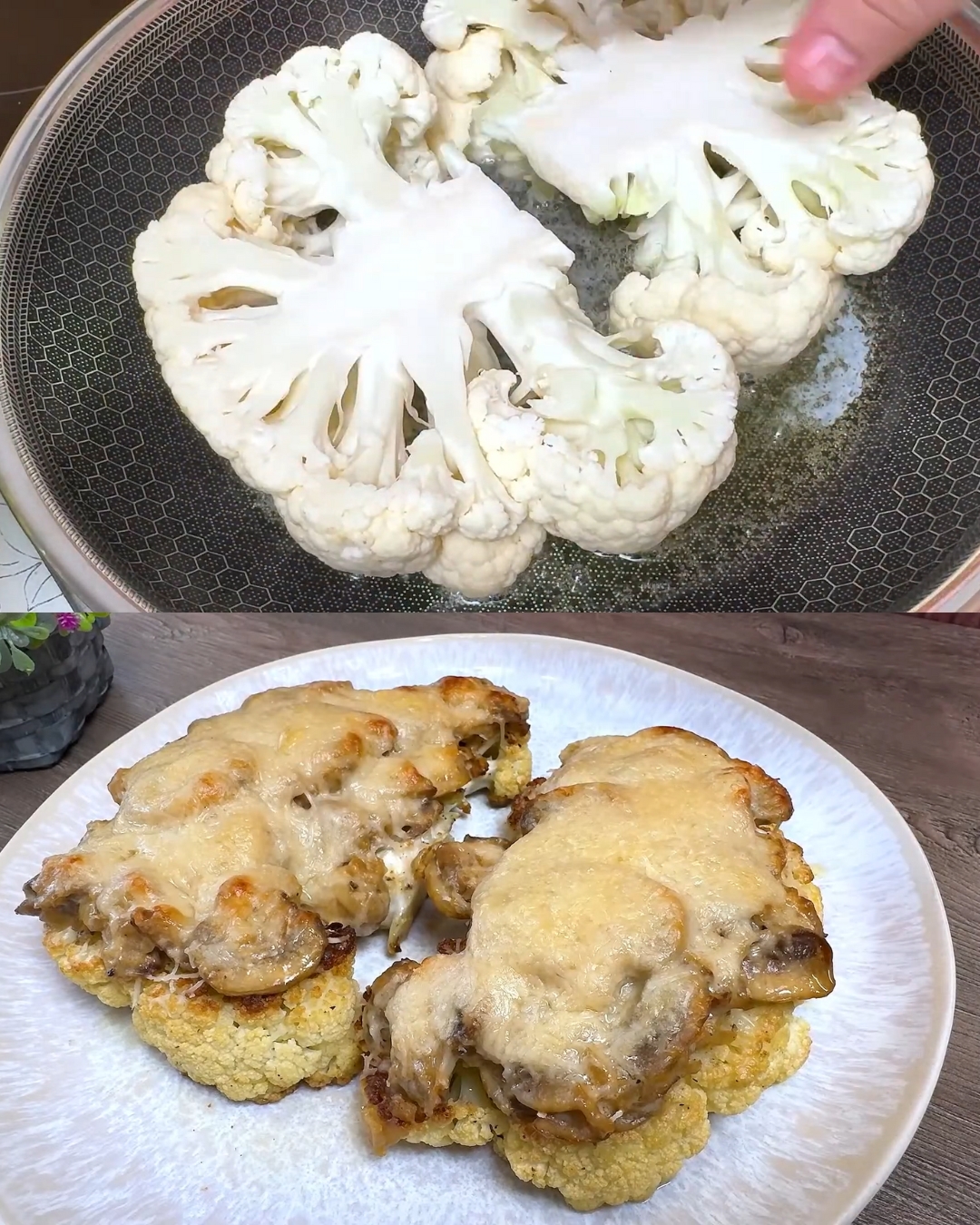 Cauliflower Steaks with Mushroom Thyme Filling and Parmesan