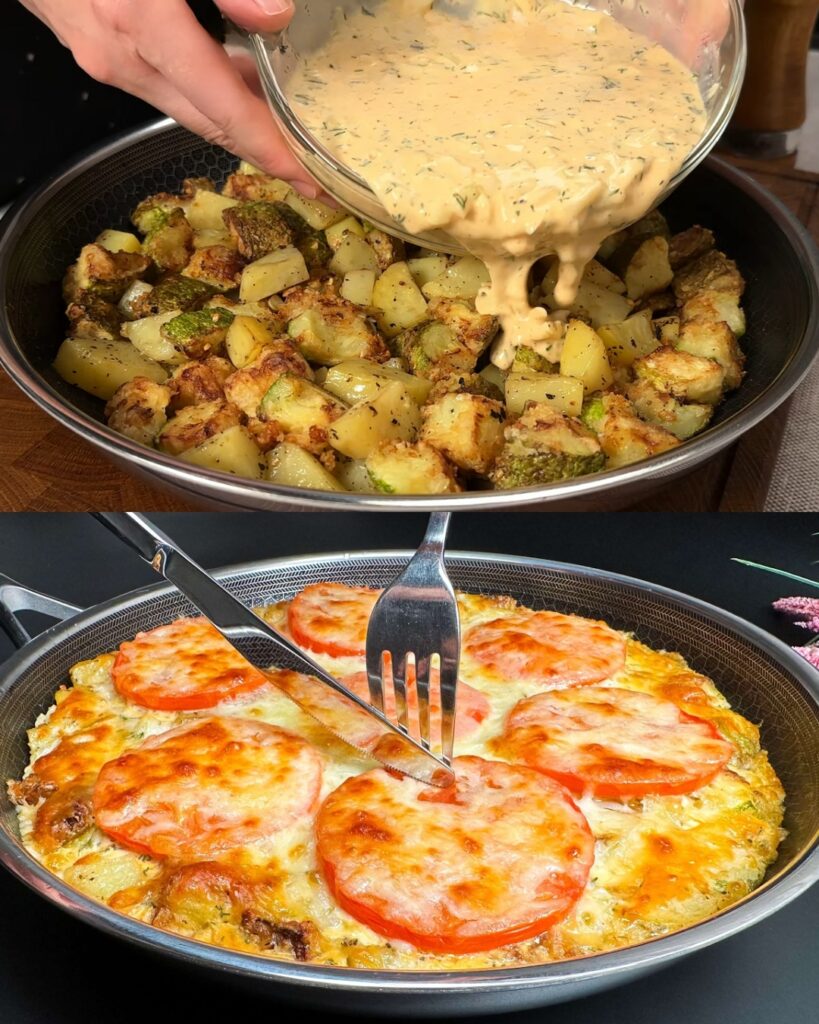 Creamy Baked Zucchini and Potato Casserole with Cheese and Garlic-Herb Sauce