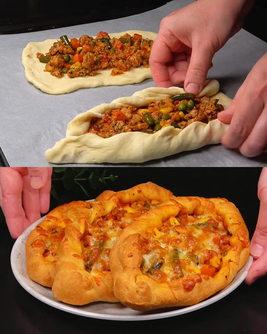 Stuffed Flatbread with Spiced Minced Meat and Vegetables