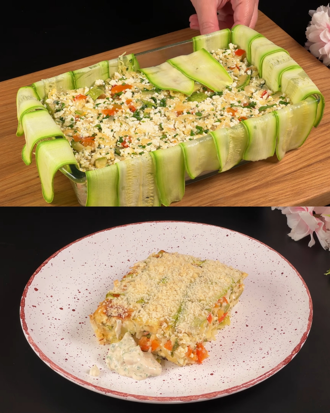 Zucchini Bake with Cottage Cheese and Garlic-Yogurt Cucumber Sauce