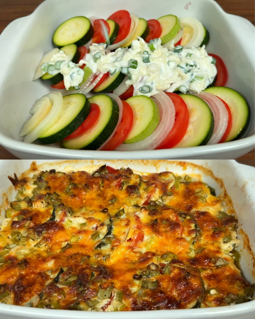 Baked Zucchini and Tomato Casserole with Creamy Greek Yogurt Topping