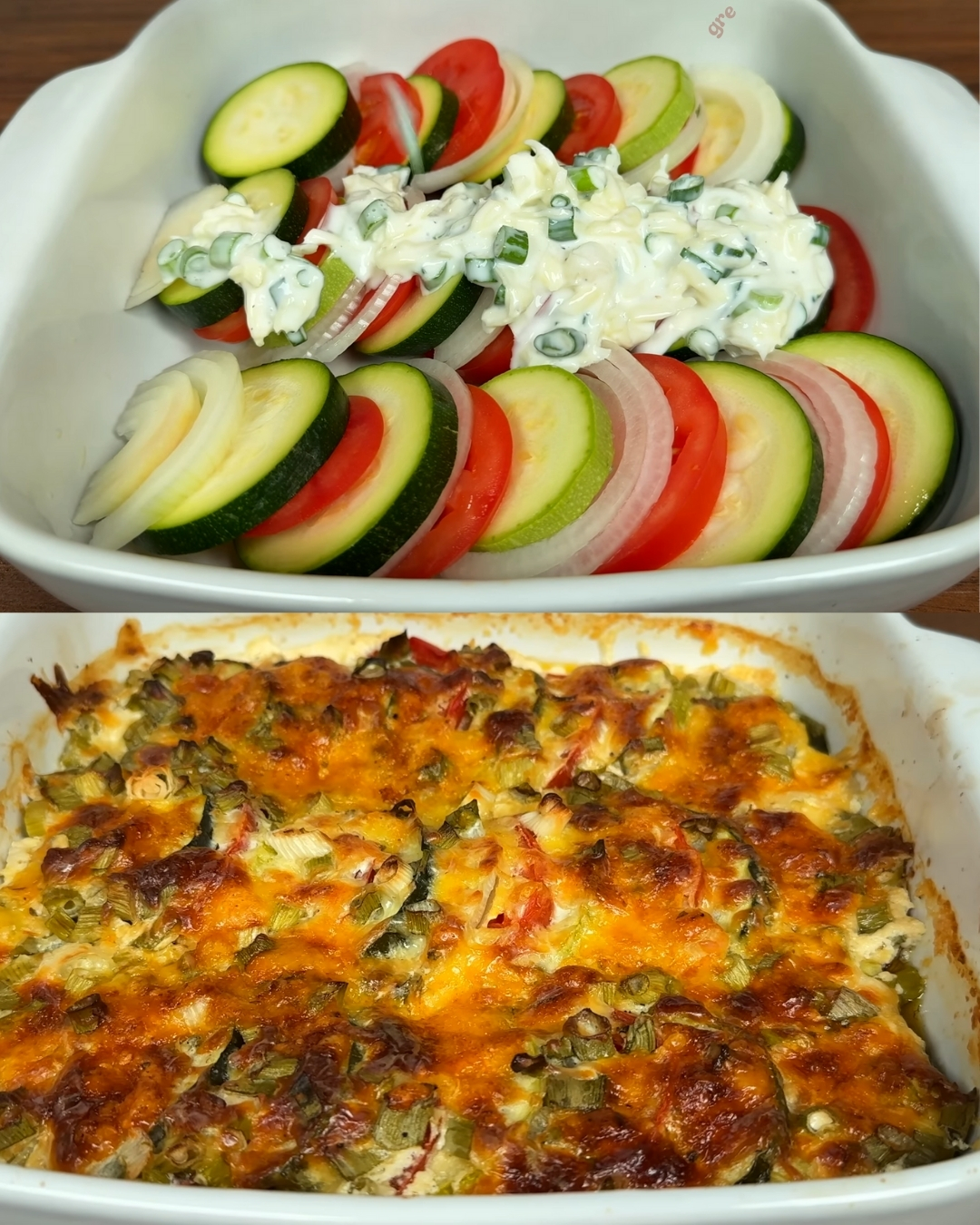 Baked Zucchini and Tomato Casserole with Creamy Greek Yogurt Topping