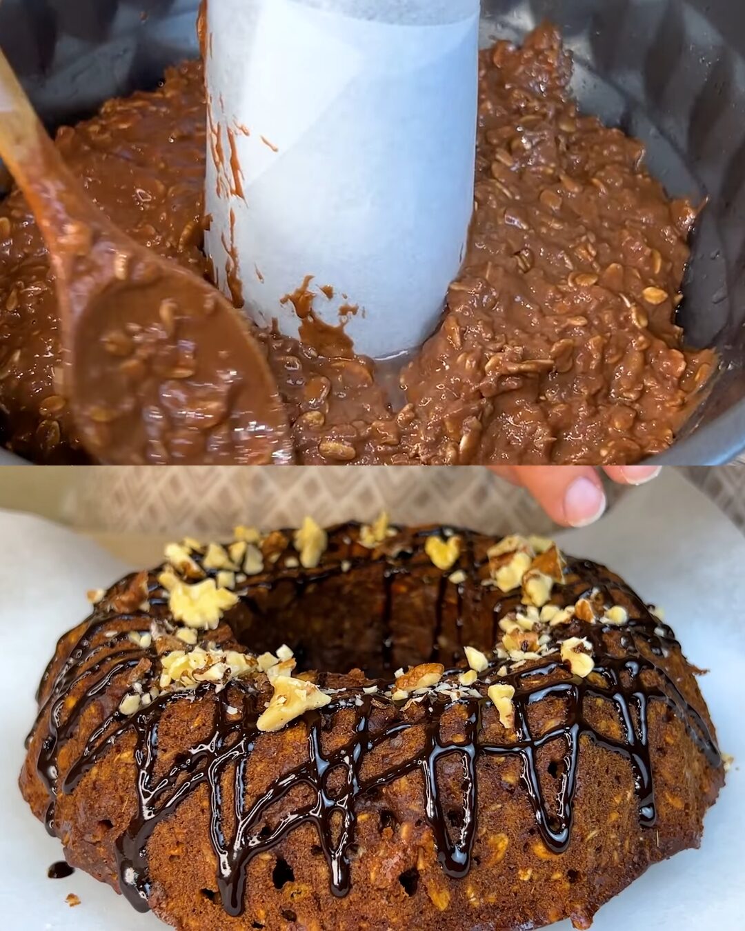 Quick & Healthy Banana Oat Cocoa Cake with Chocolate and Walnuts