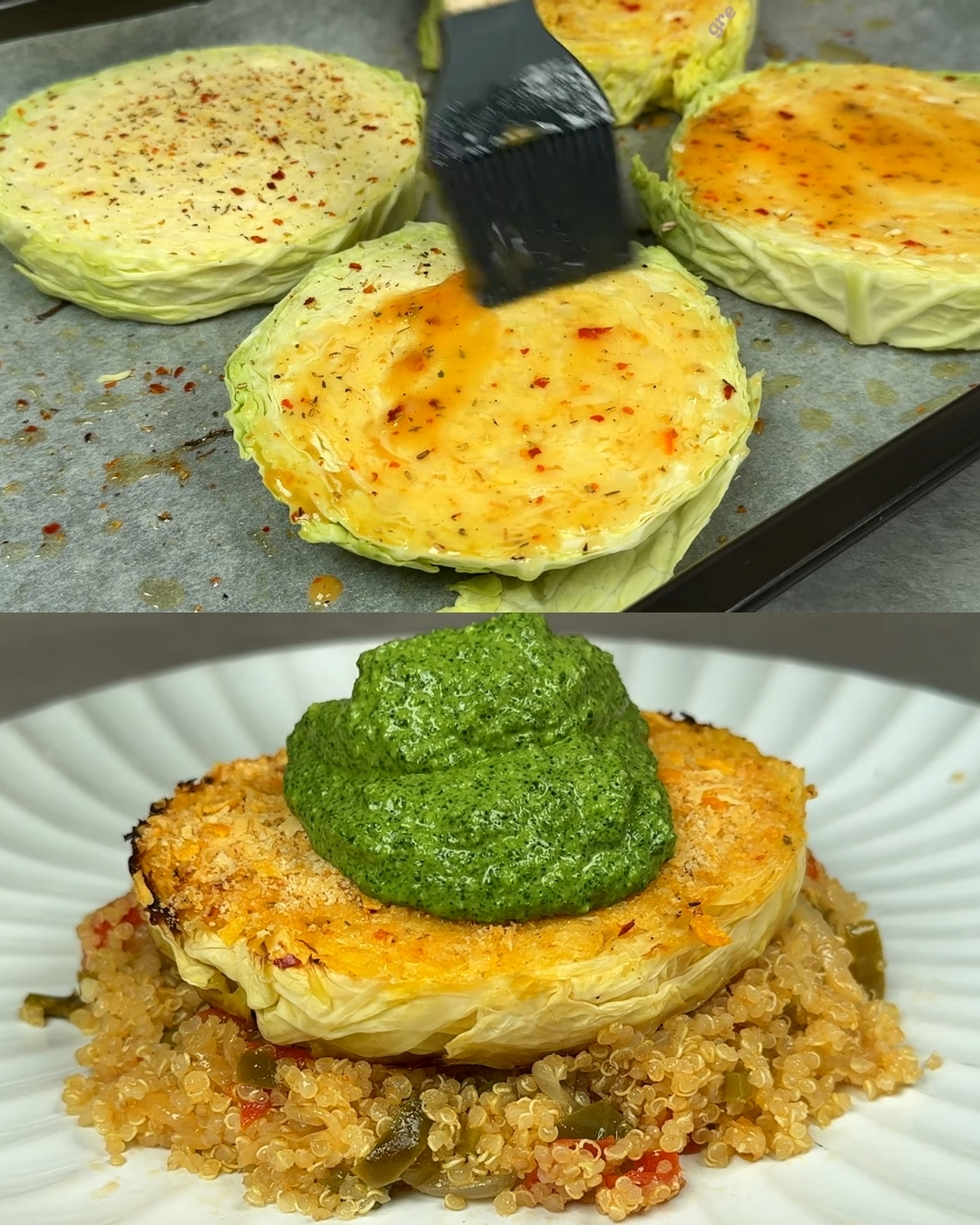 Baked Cabbage Steaks with Quinoa and Spinach Pumpkin Seed Salad