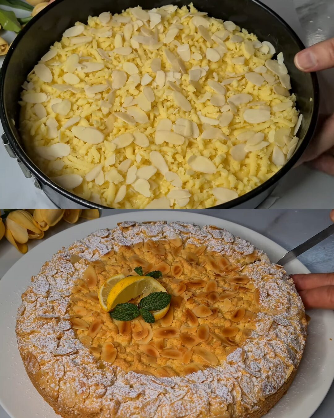 Lemon Cream Tart with Almond Flakes and Buttery Crust