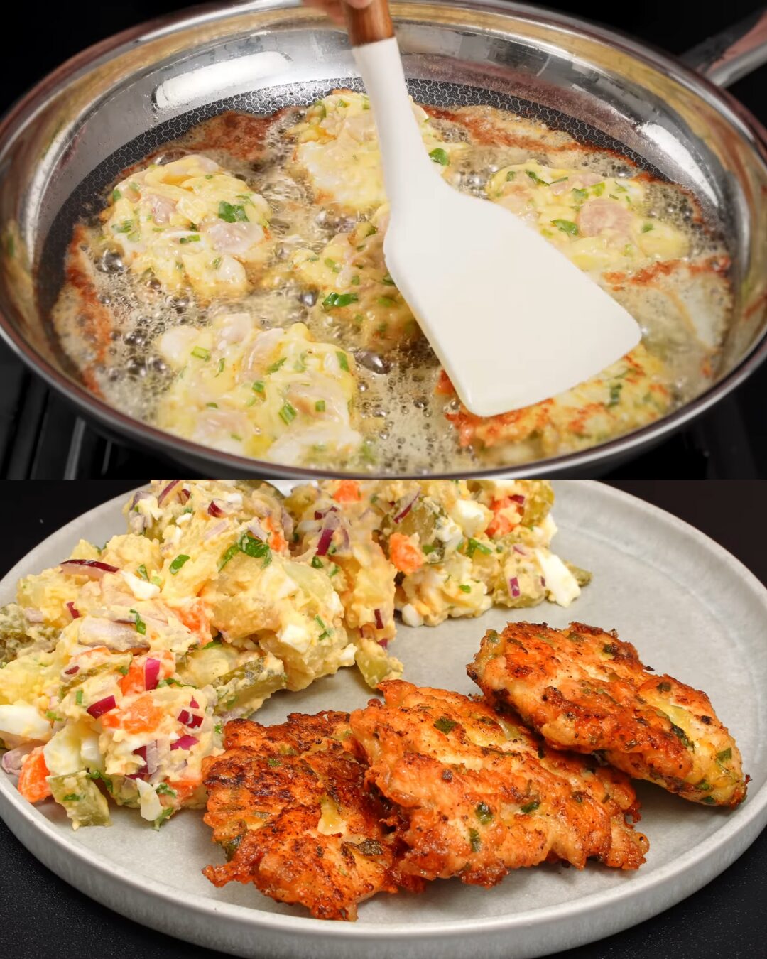 Golden Chicken Veggie Cakes with Creamy Egg Pickle Salad