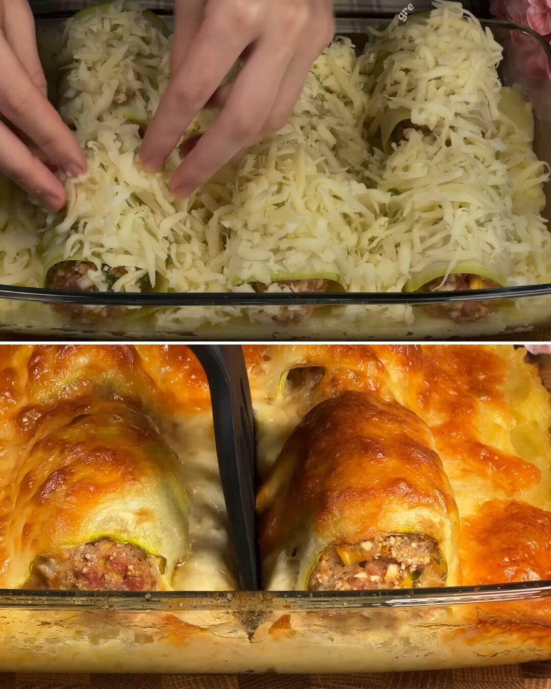 Stuffed Zucchini Rolls with Mashed Potato Base and Cheesy Pork Filling