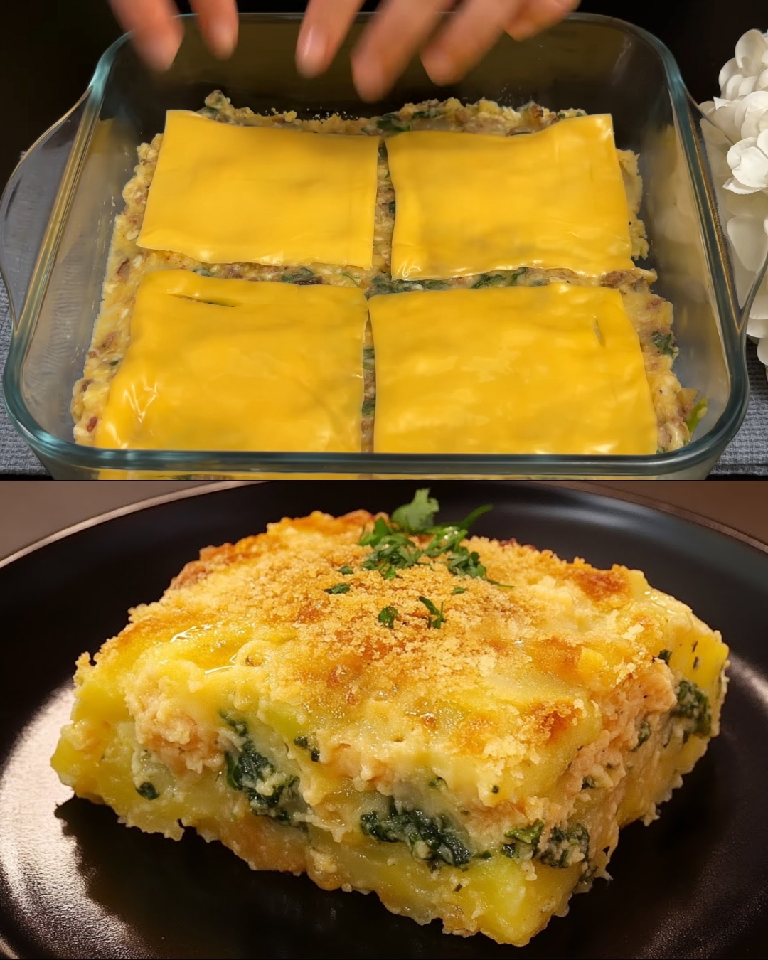 Stuffed Potato, Beef & Spinach Bake with Cheesy Topping