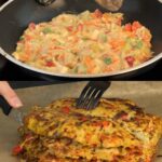 Golden Potato & Cabbage Tower with Chicken, Cheese, and Tomato-Parsley Sauce