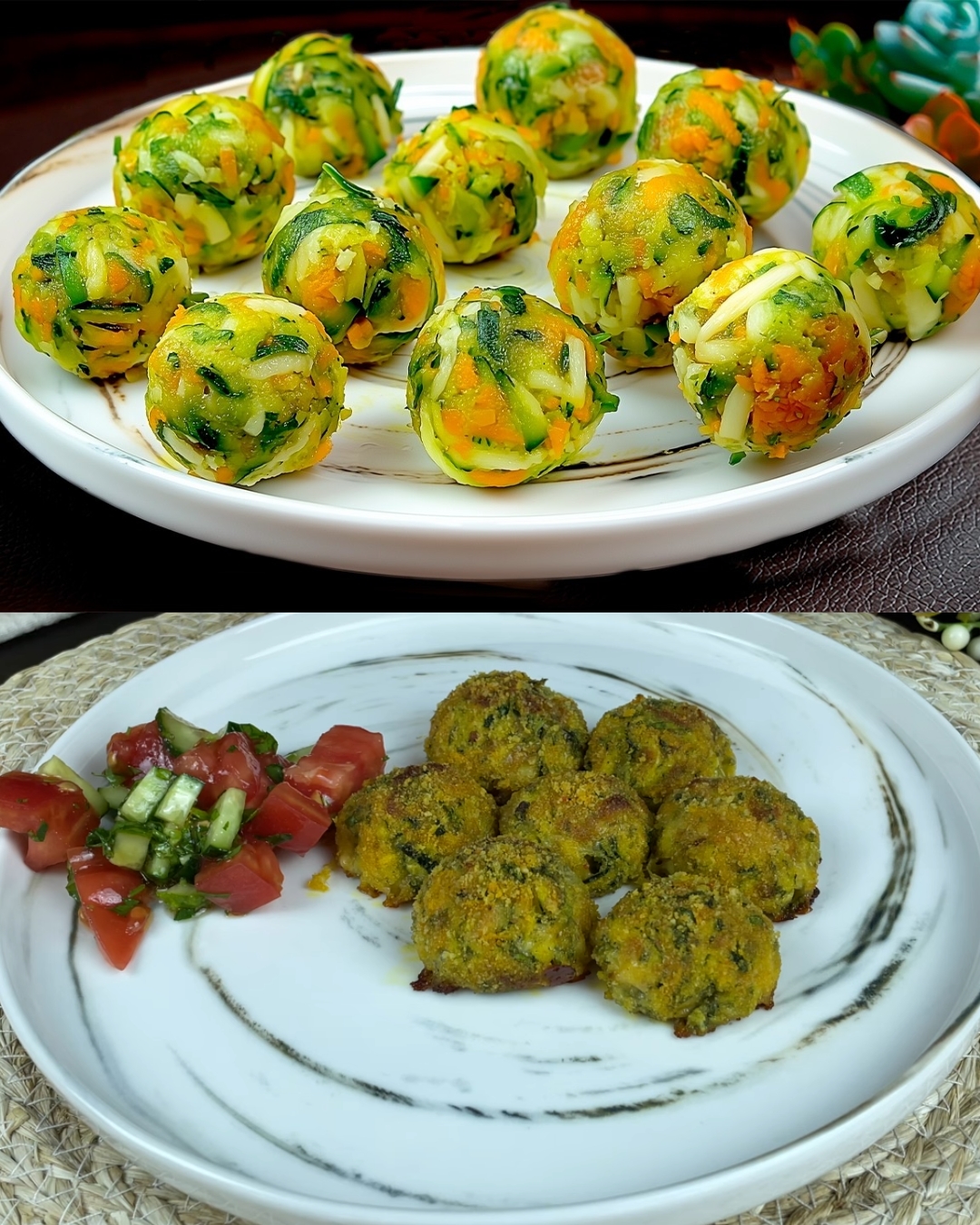 Baked Zucchini Cheese Balls with Tomato-Cucumber Salad