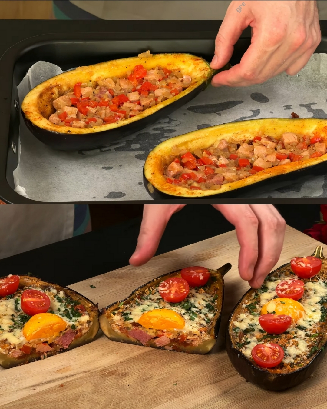 Juicy Stuffed Eggplant with Ham, Veggies, and Cheese