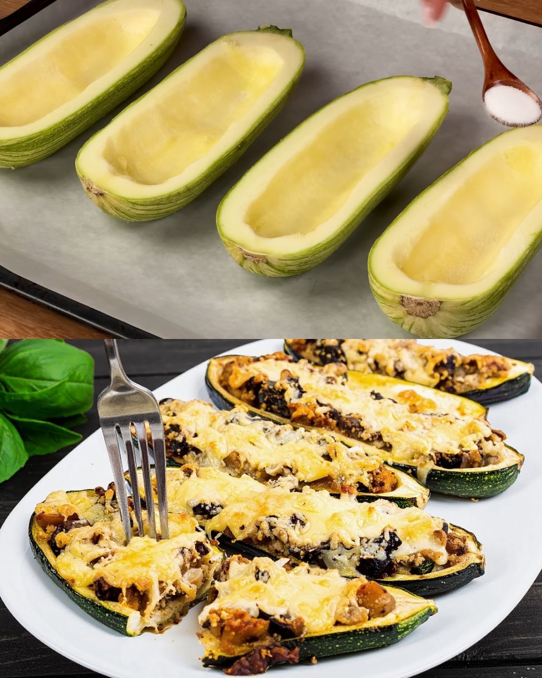 Stuffed Zucchini with Pineapple, Mushrooms, and Cheese