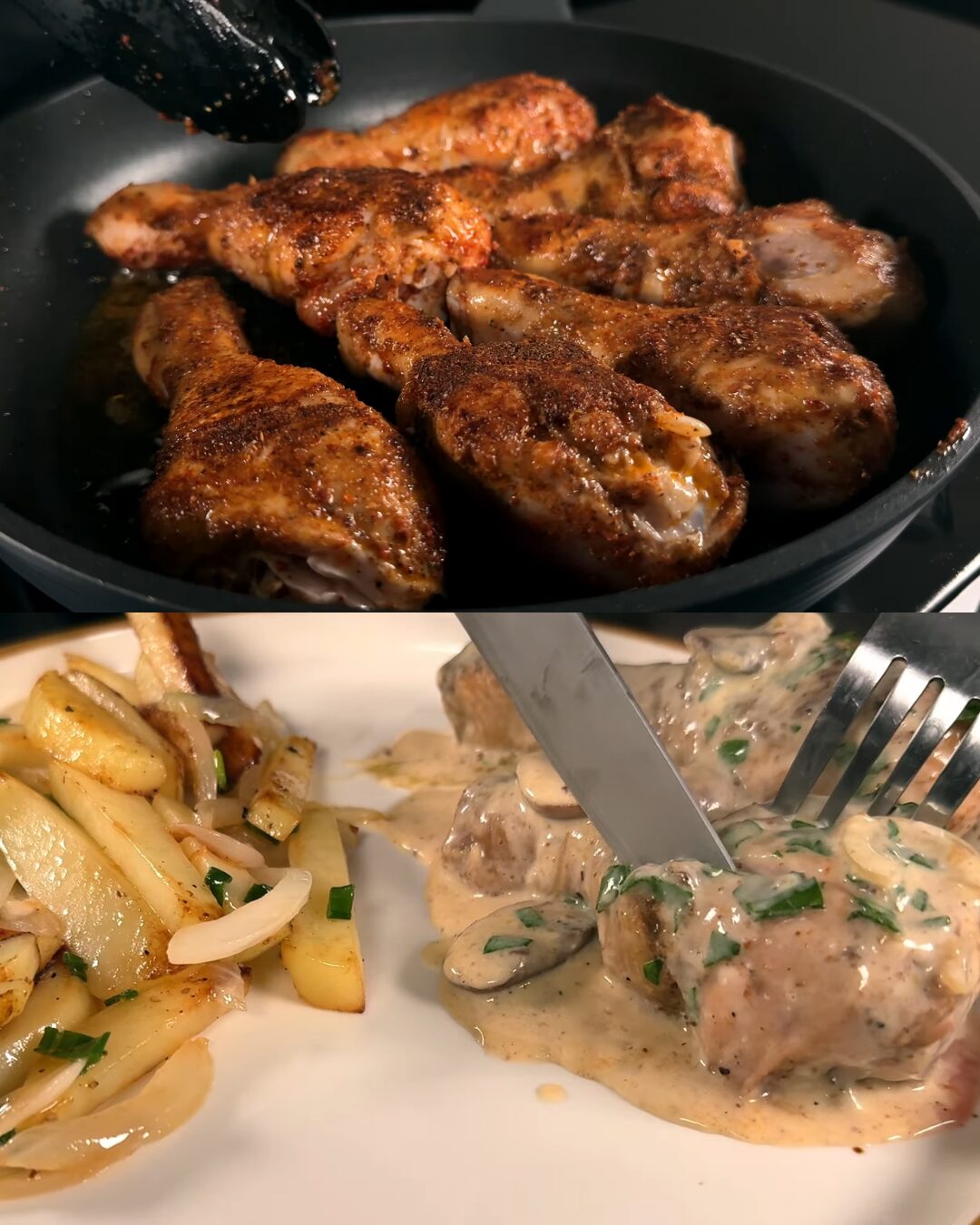 Creamy Braised Chicken with Mushrooms and Herbed Potatoes