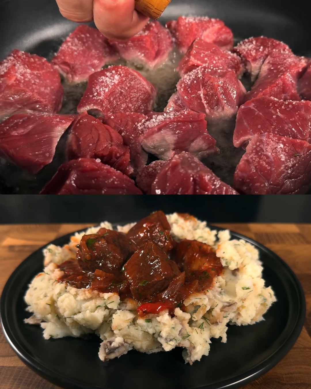 Hearty Beef and Mushroom Stew with Red Wine, Tomatoes & Creamy Dill Sides