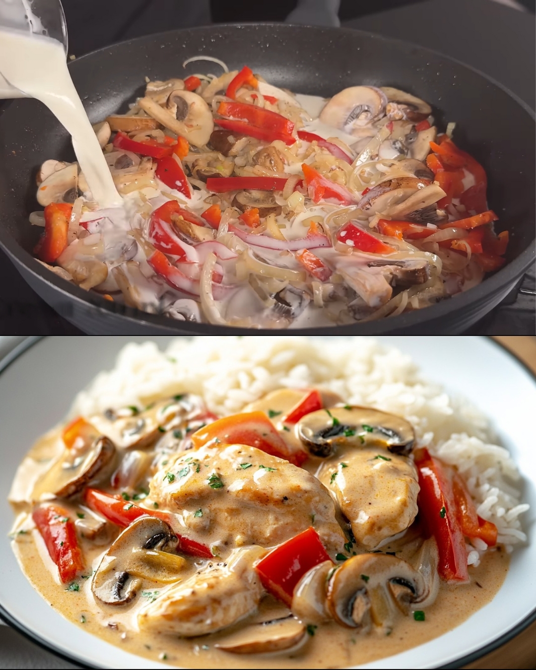 Creamy Chicken Mushroom Skillet with Herbed Rice & Fresh Salad