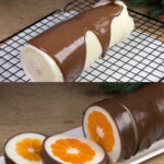Layered Milk and Tangerine Jelly Dessert with Chocolate Glaze