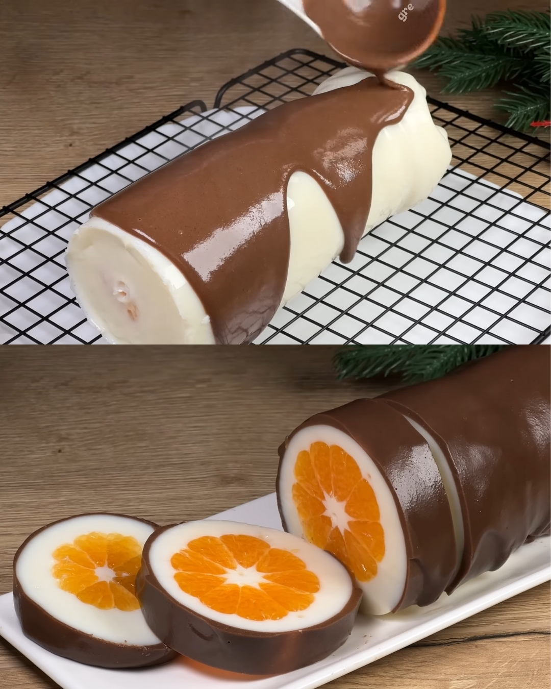 Layered Milk and Tangerine Jelly Dessert with Chocolate Glaze