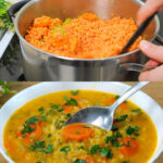 Hearty Red Lentil Soup with Spinach and Crispy Tofu Topping