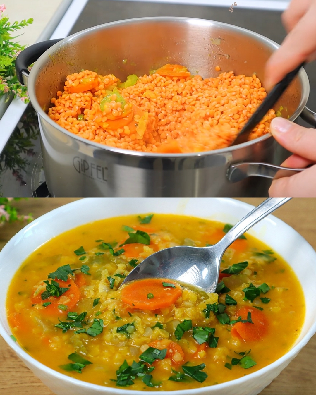 Hearty Red Lentil Soup with Spinach and Crispy Tofu Topping