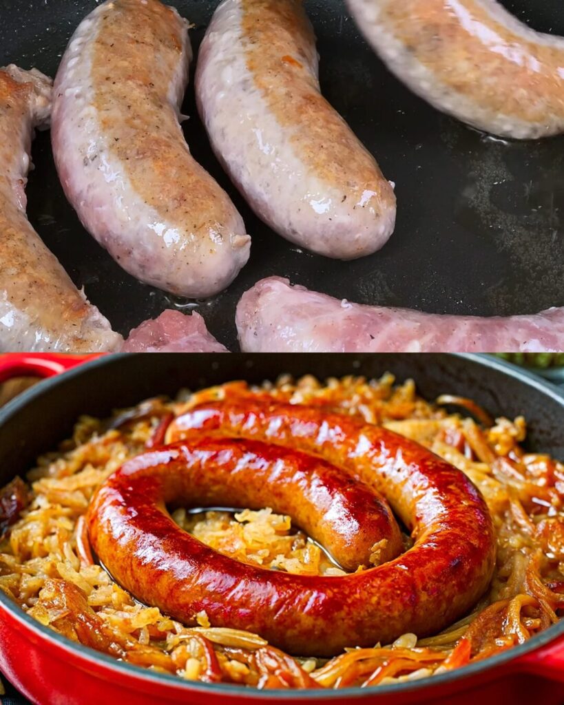 Rustic Braised Sausages with Cabbage, Apples & Creamy Dill Cucumber Sauce