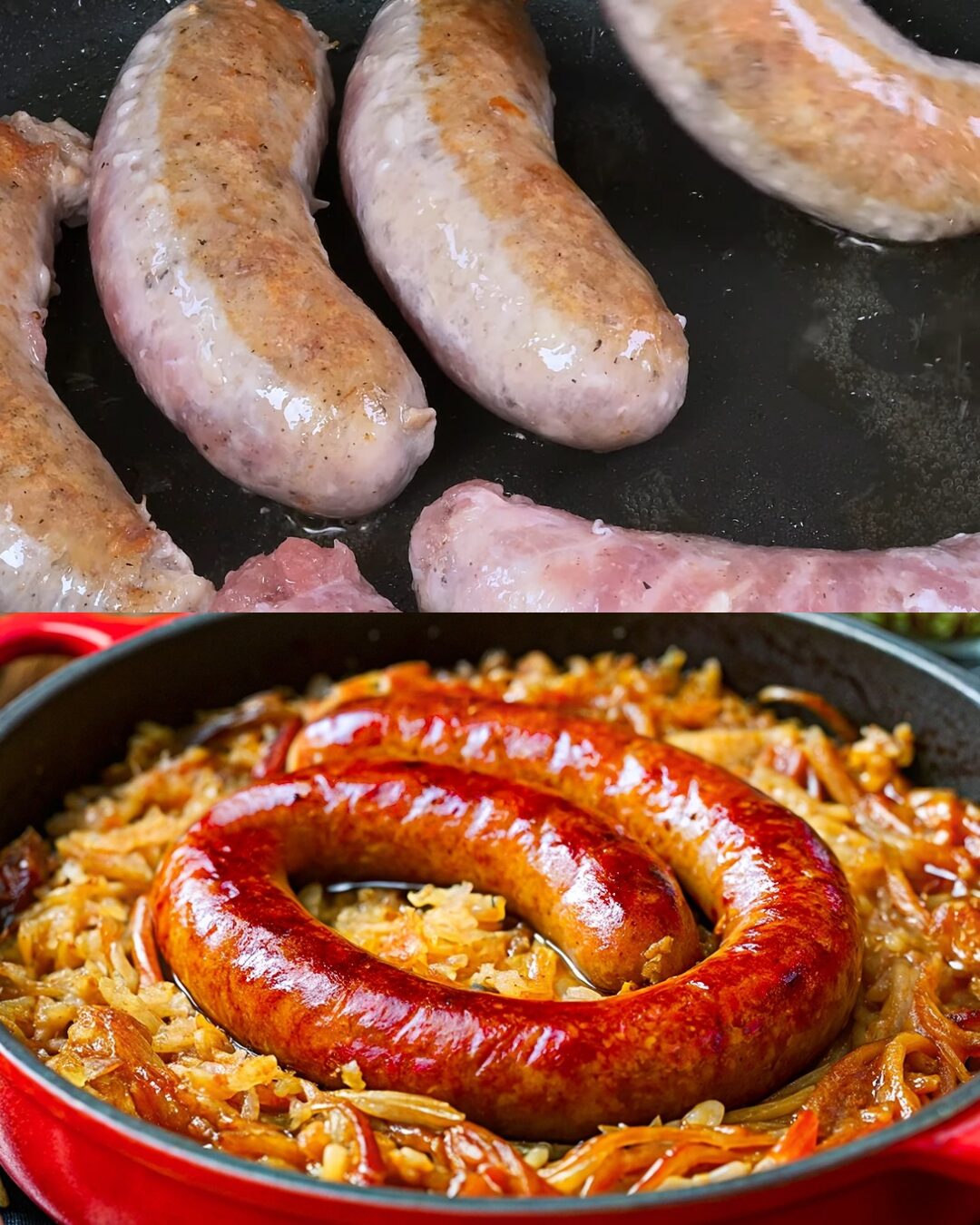 Rustic Braised Sausages with Cabbage, Apples & Creamy Dill Cucumber Sauce