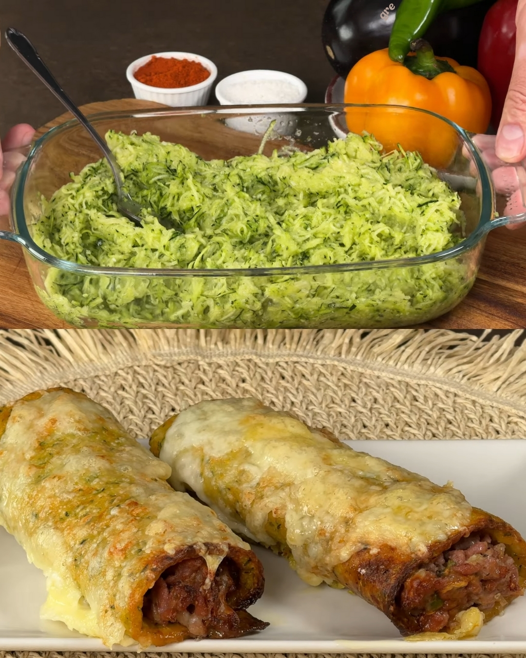 Baked Zucchini and Potato Fritters with Meat and Cheese Filling