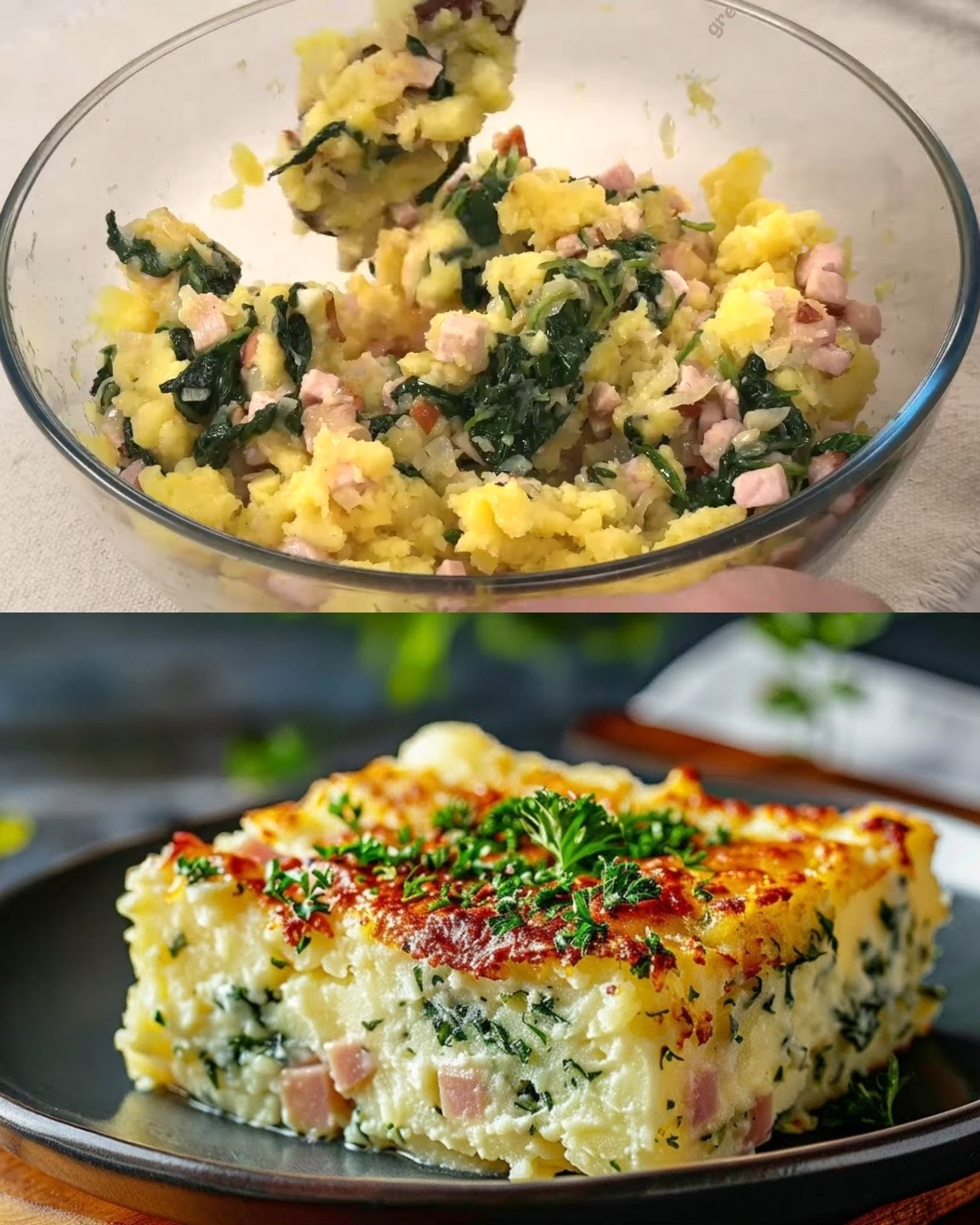 Baked Cheesy Mashed Potato Casserole with Spinach and Ham