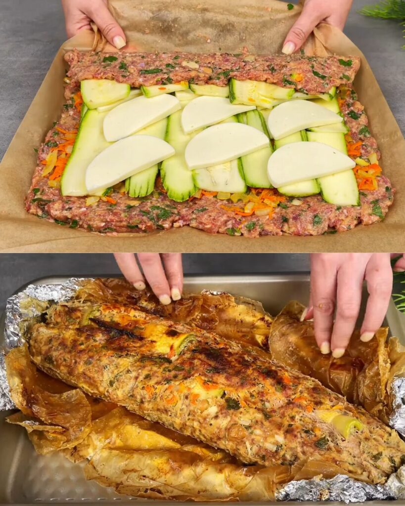 Juicy Meat and Zucchini Roll with Mozzarella and Herb Sauce