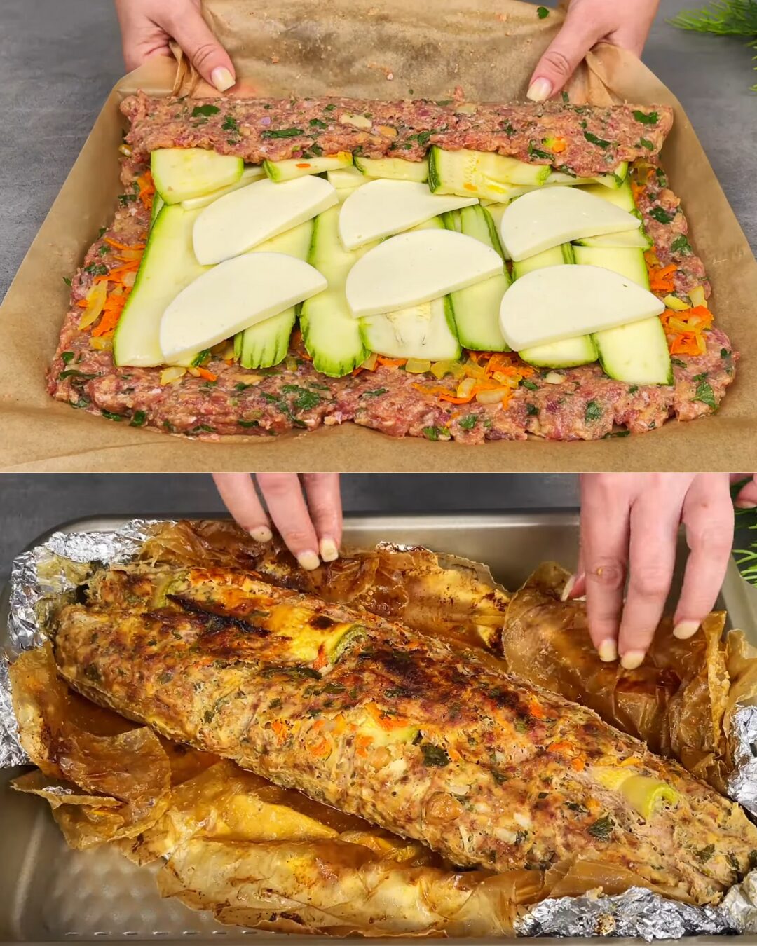 Juicy Meat and Zucchini Roll with Mozzarella and Herb Sauce