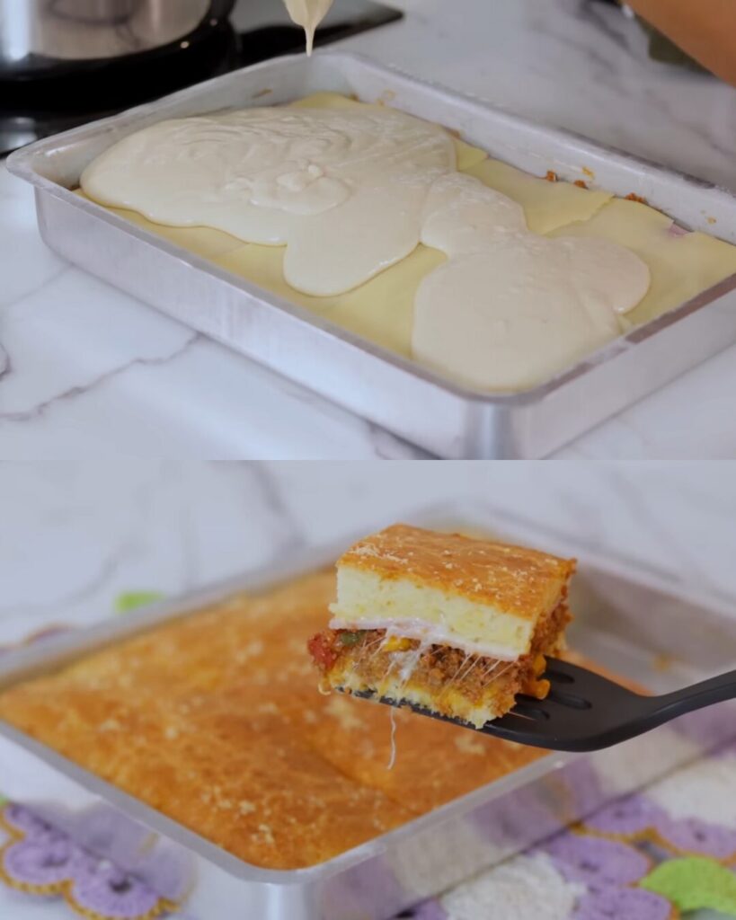 Baked Ground Beef Pie with Blender Batter finished dish