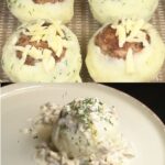 Cheesy Baked Mashed Potato Balls Stuffed with Juicy Meatballs and Mushroom Cream Sauce