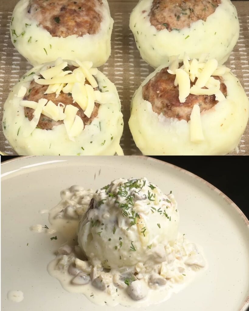Cheesy Baked Mashed Potato Balls Stuffed with Juicy Meatballs and Mushroom Cream Sauce