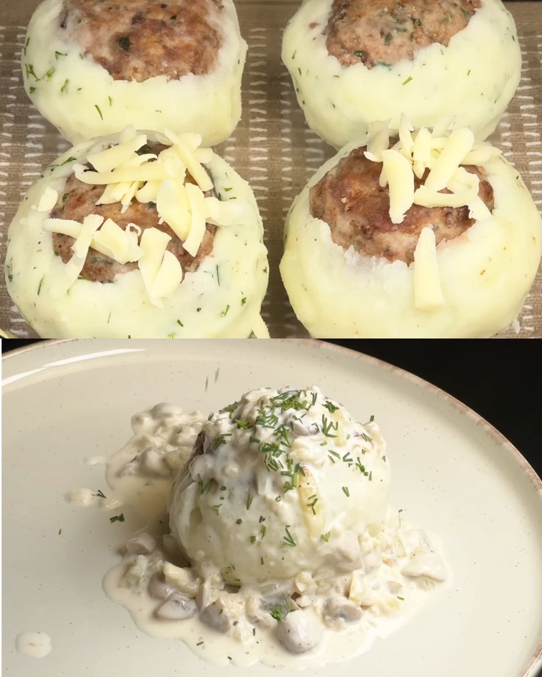 Cheesy Baked Mashed Potato Balls Stuffed with Juicy Meatballs and Mushroom Cream Sauce
