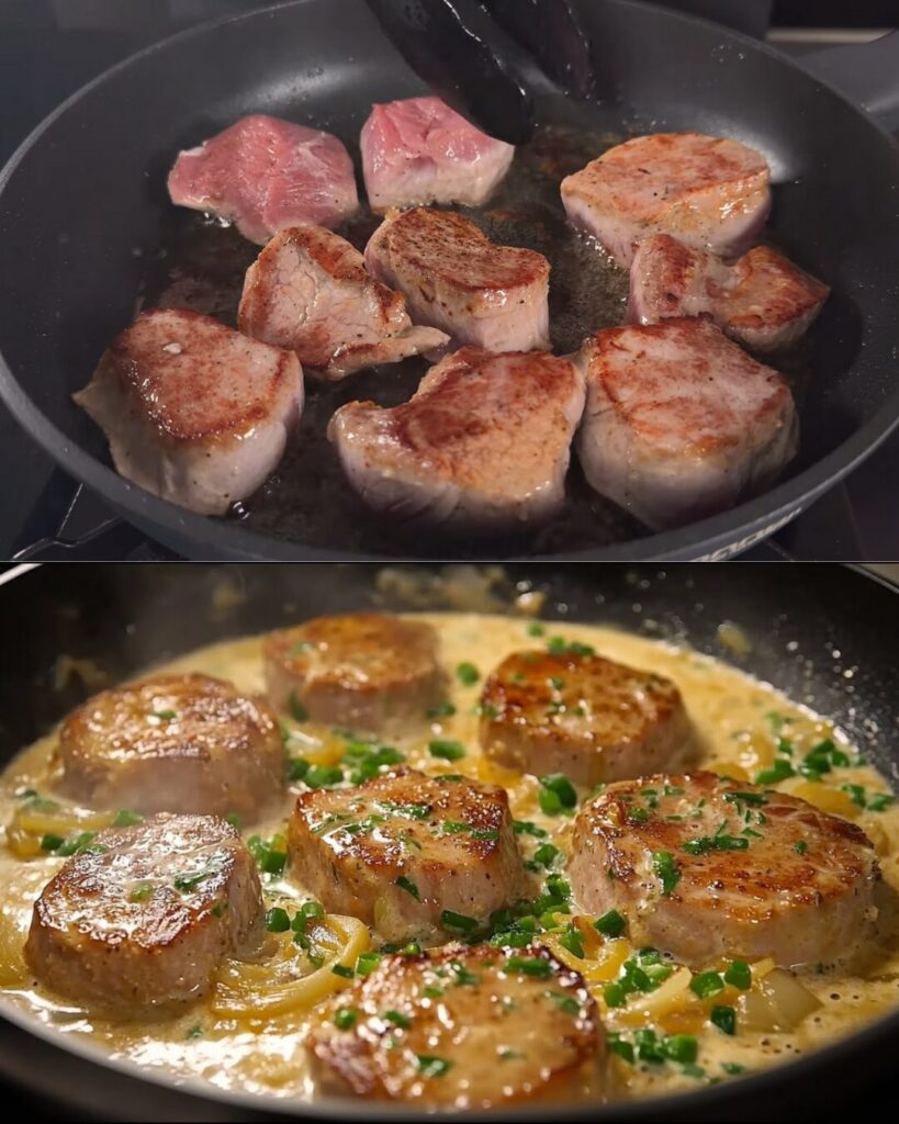 Creamy Pork Loin with Camembert Mushroom Sauce and Garlic Mashed Potatoes finished dish
