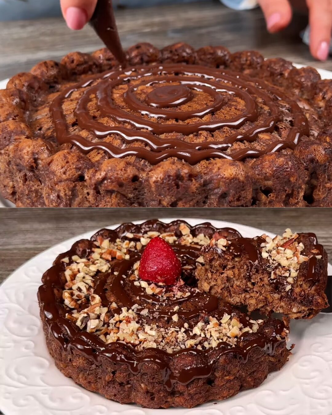 Wholesome Banana Oatmeal Cocoa Cake with Dark Chocolate and Strawberries